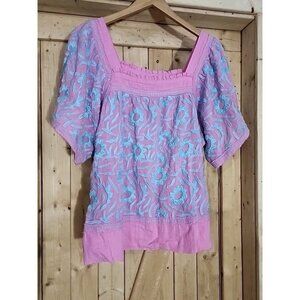 Sister Mary Embroidered Blouse Women's Large Floral Pink Peasant Cotton Boho Top